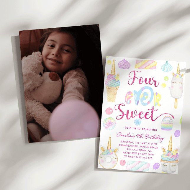 Four Ever Sweet Girl 4th Unicorn Sweets Birthday Invitation (Four Ever Sweet Girl 4th Birthday Unicorn Sweets Watercolor Photo Birthday Invitation)