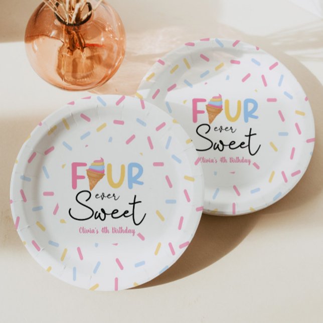 Four Ever Sweet Ice Cream 4th Birthday Party Paper Plate (Creator Uploaded)