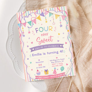 Four ever sweet pastel macarons 4th birthday invitation