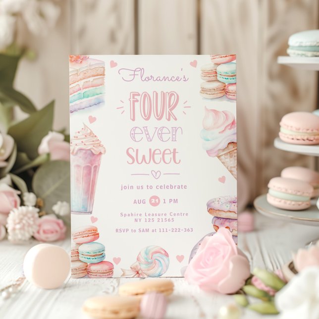 Four ever sweet pastel macarons 4th birthday invitation (Creator Uploaded)