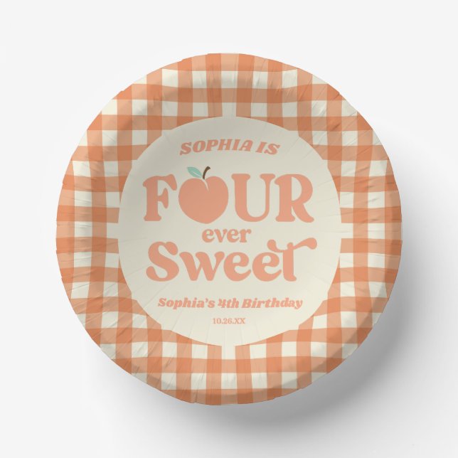 Four Ever Sweet Peach Fruit 4th Birthday Party Paper Plate (Front)