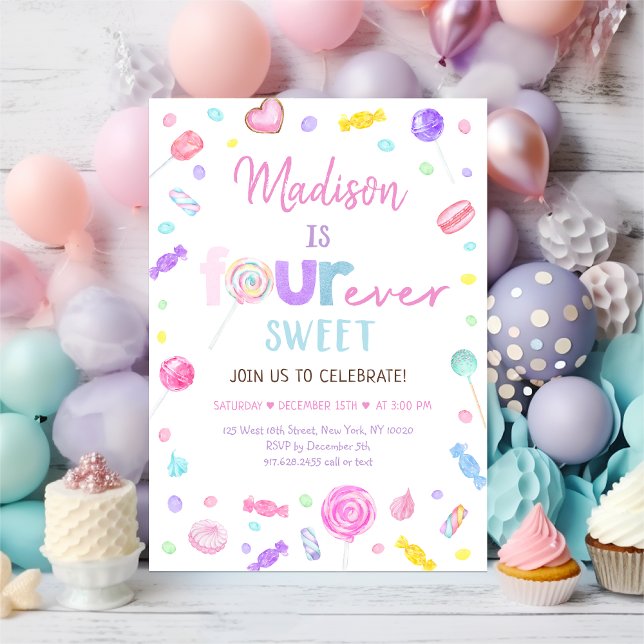 FOUR ever Sweet Shop Candy Lollipop Birthday Invitation (Creator Uploaded)
