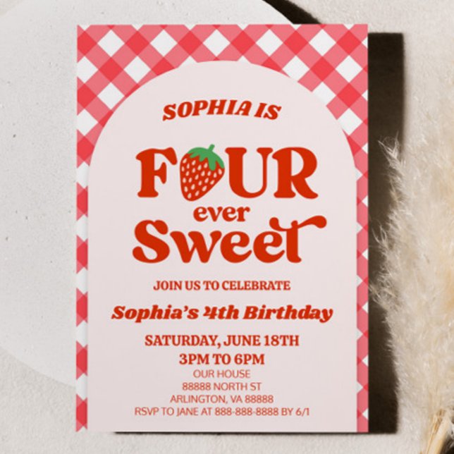 Four Ever Sweet Strawberry 4th Birthday Party Invitation (Creator Uploaded)