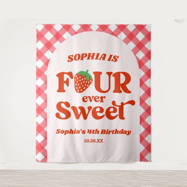 Four Ever Sweet Strawberry 4th Birthday Party Tapestry (Front)