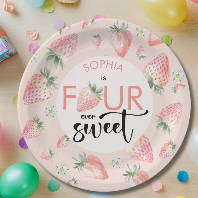 Four ever sweet strawberry fruits kids birthday paper plate (Creator Uploaded)