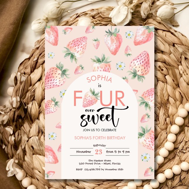 Four ever sweet strawberry kids birthday invitation (Creator Uploaded)