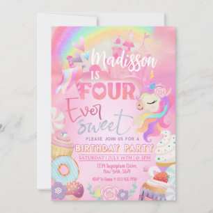 Four ever Sweet Unicorn Doughnut Sweet 4th  Invitation