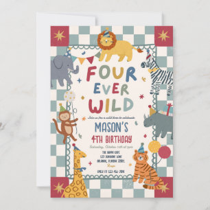 Four Ever Wild 4th Birthday Party Animals Invitation