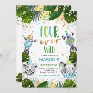 Four Ever Wild 4th Birthday Safari Animals Party Invitation