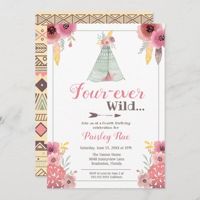 Four-ever Wild Boho Girls Fourth Birthday Invitation (Front/Back)