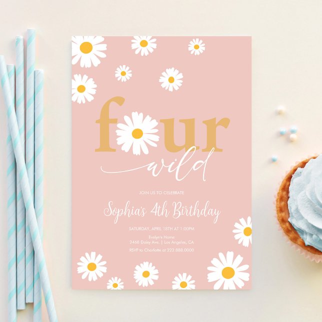 FOUR Ever Wild Boho Pink Daisy 4th Birthday Invitation (Creator Uploaded)
