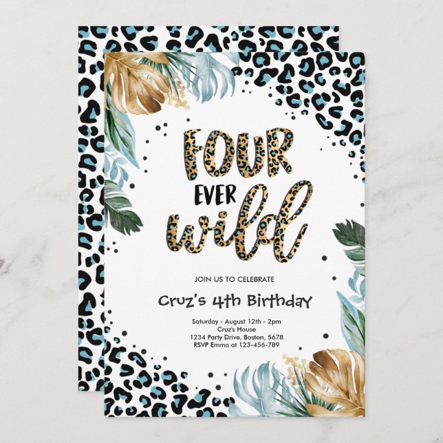 Four Ever Wild Boy Jungle Leopard Print Birthday Invitation (Front/Back)