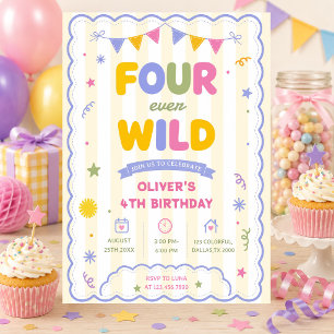 Four Ever Wild  Colourful Boy 4th Birthday Party Invitation