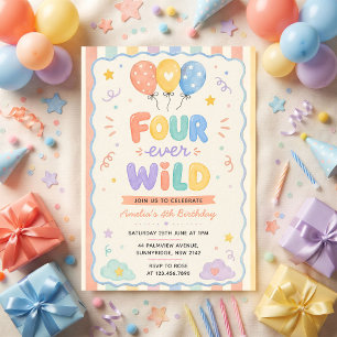 Four Ever Wild Confetti Balloon 4th Birthday Invitation