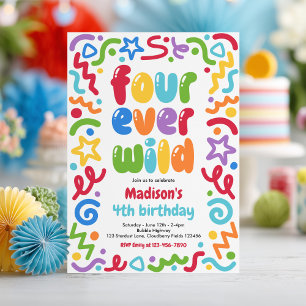 Four Ever Wild Confetti Balloon 4th Birthday  Invitation