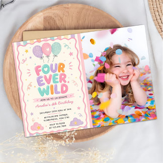 Four Ever Wild Confetti Balloon 4th Birthday Photo Invitation