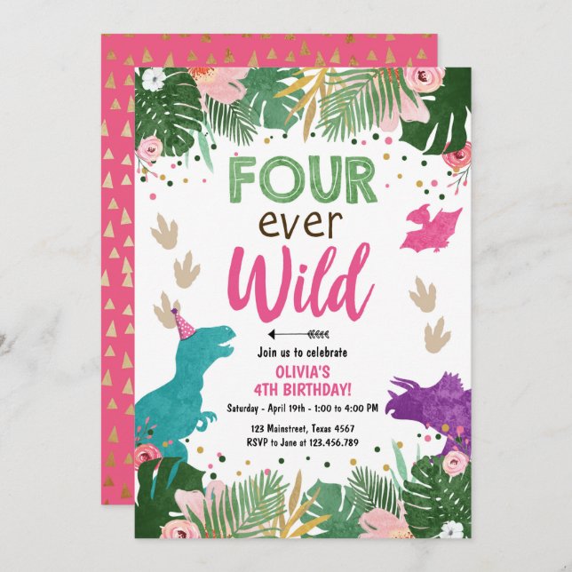 Four ever Wild Dino Girl Pink Dinosaur Birthday Invitation (Front/Back)