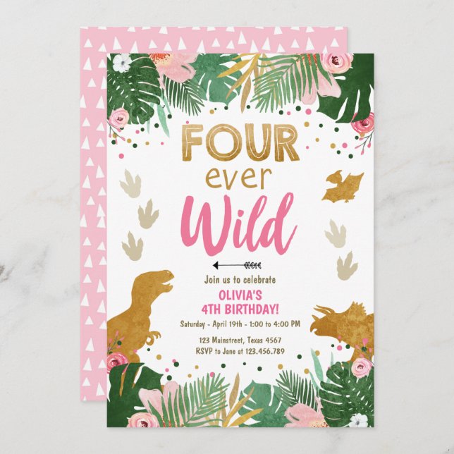 Four ever Wild Dino Girl Pink Dinosaur Birthday Invitation (Front/Back)