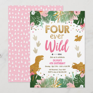 Four ever Wild Dino Girl Pink Dinosaur Birthday Invitation