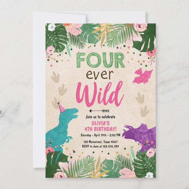 Four ever Wild Dino Girl Pink Dinosaur Birthday Invitation (Front)