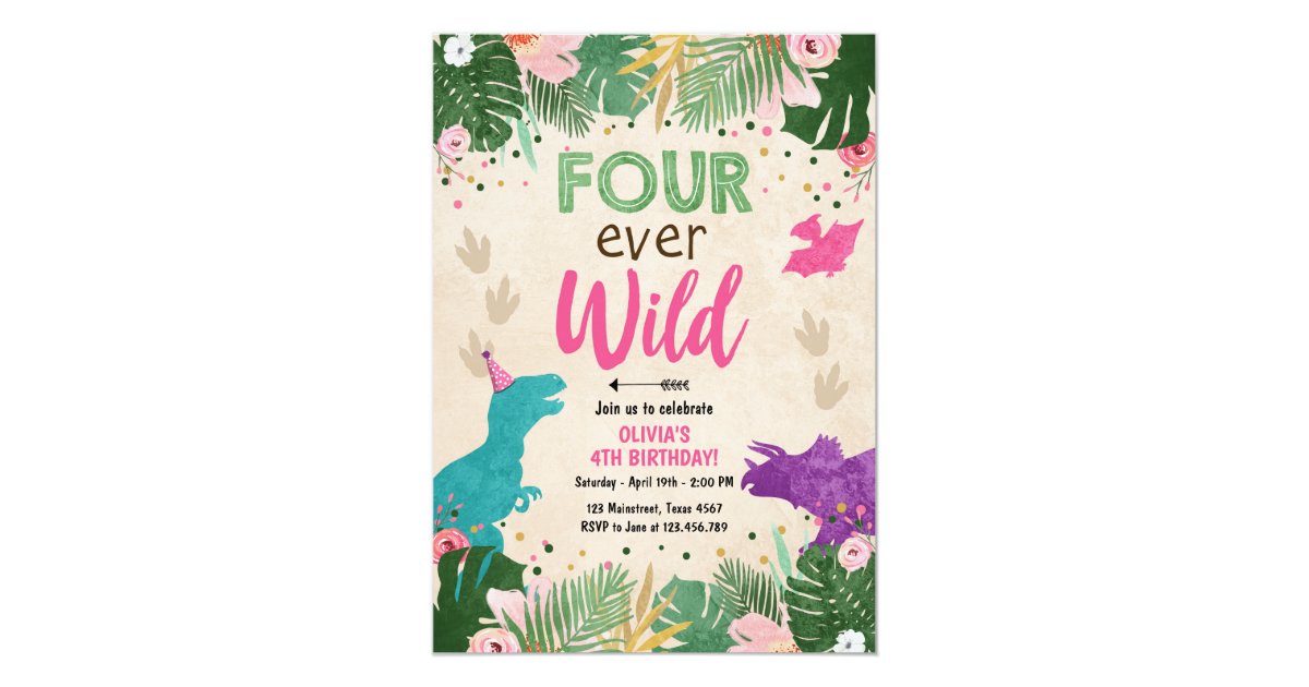 Download Four ever Wild Dino Girl Pink Dinosaur Birthday Invitation ...