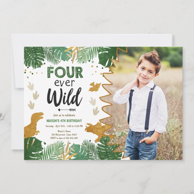 Four Ever Wild Dino Party Boy Dinosaur Birthday Invitation (Front)