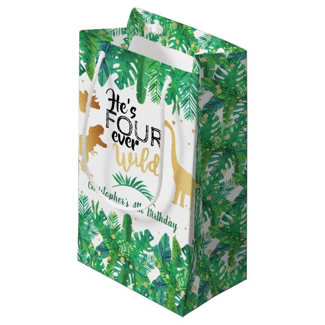 Four Ever Wild Dinosaur Boys 4th Birthday Small Gift Bag (Front Angled)