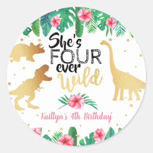 Four Ever Wild Dinosaur Girls 4th Birthday Classic Round Sticker