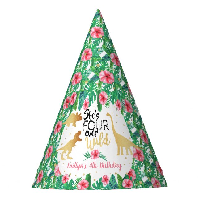 Four Ever Wild Dinosaur Girls 4th Birthday Party Hat (Front)