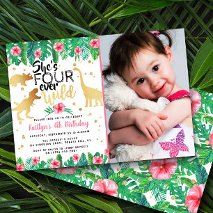 Four Ever Wild Dinosaur Girls 4th Birthday Photo Invitation