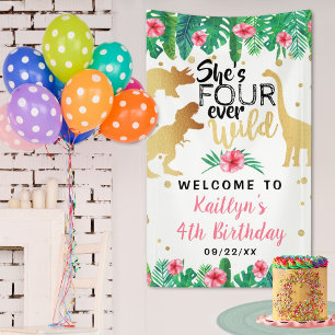 Four Ever Wild Dinosaur Girls 4th Birthday Welcome Banner
