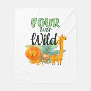 FOUR ever Wild Giraffe Monkey Lion Jungle 4th Birt Fleece Blanket