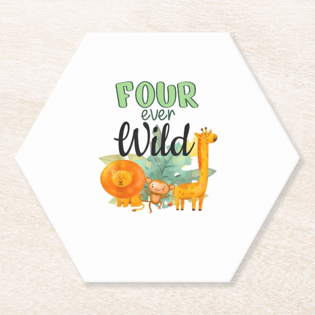 FOUR ever Wild Giraffe Monkey Lion Jungle 4th Birt Paper Coaster (Front)