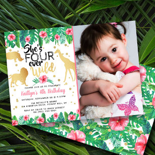 Four Ever Wild Girls 4th Birthday Photo Invitation