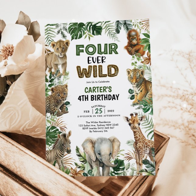 Four Ever Wild Jungle Animals 4th Birthday Boy Invitation (Creator Uploaded)