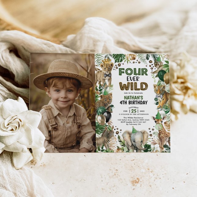 Four Ever Wild Jungle Animals 4th Birthday Photo Invitation (Creator Uploaded)