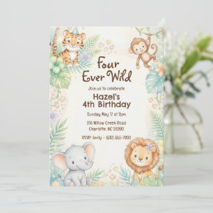 Four Ever Wild Jungle Safari Animals 4th Birthday  Invitation