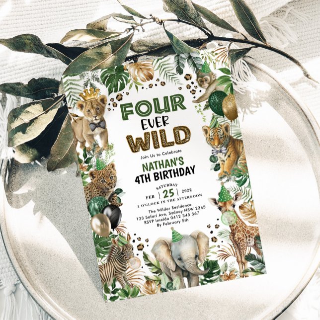 Four Ever Wild Jungle Safari Animals 4th Birthday Invitation (Creator Uploaded)
