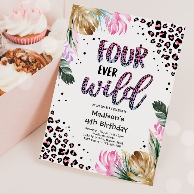 Four Ever Wild Leopard Print 4th Birthday Party Invitation (Creator Uploaded)