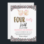Four ever Wild Leopard Print Pink Gold Birthday Invitation<br><div class="desc">This cute birthday invitation features tropical watercolor leaves with leopard print.</div>