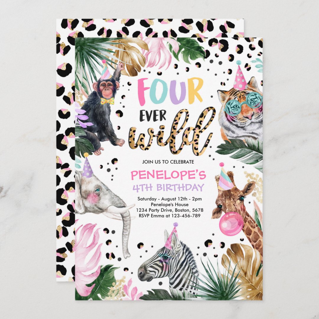 four-ever-wild-leopard-safari-animals-4th-birthday-invitation-zazzle