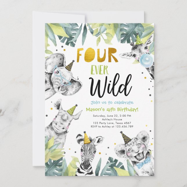 Four Ever Wild Party Animals Safari Boy Birthday Invitation (Front)