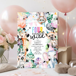 FOUR Ever Wild Pastel Safari 4th Birthday Invitation