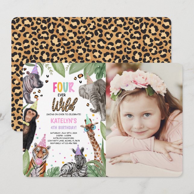FOUR Ever Wild Safari 4th Birthday Photo Invitation (Front/Back)