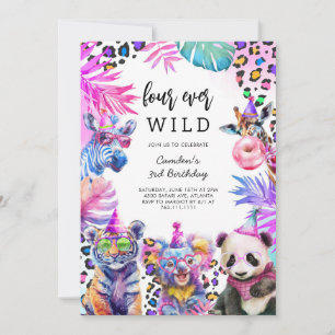 Four Ever Wild Safari Animals 4th Birthday  Invitation
