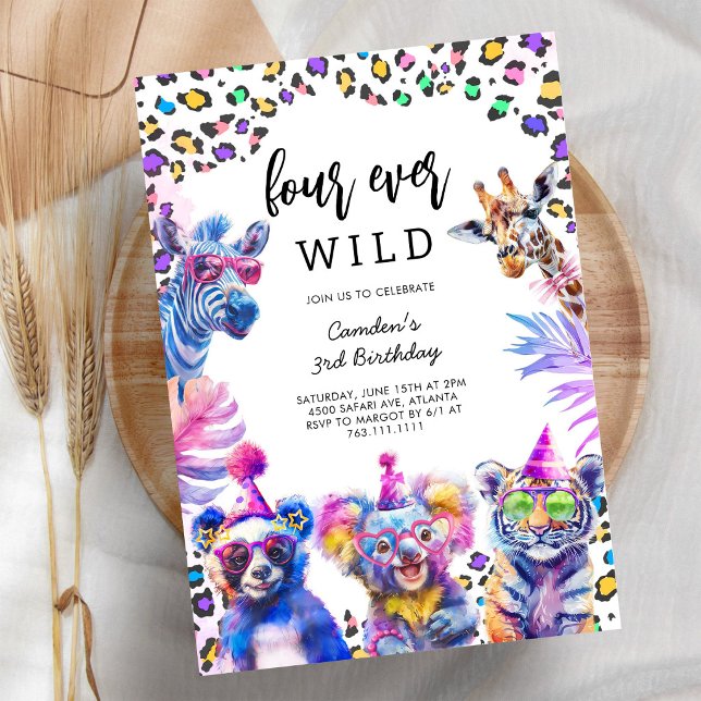 Four Ever Wild Safari Animals 4th Birthday  Invitation (Creator Uploaded)