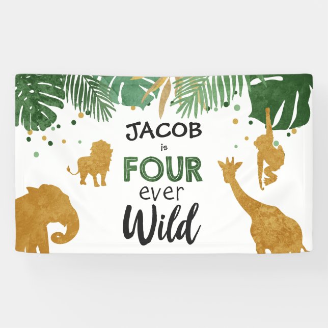 Four Ever Wild Safari Animals Boy Fourth Birthday Banner (Horizontal)