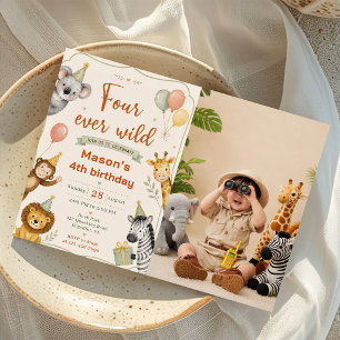 Four Ever Wild Safari Animals Watercolor 4th Birth Invitation