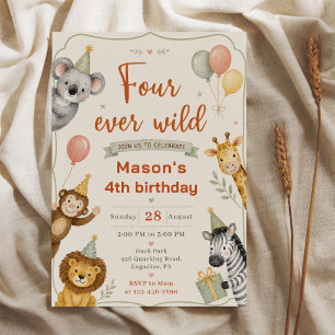 Four Ever Wild Safari Animals Watercolor 4th Birth Invitation