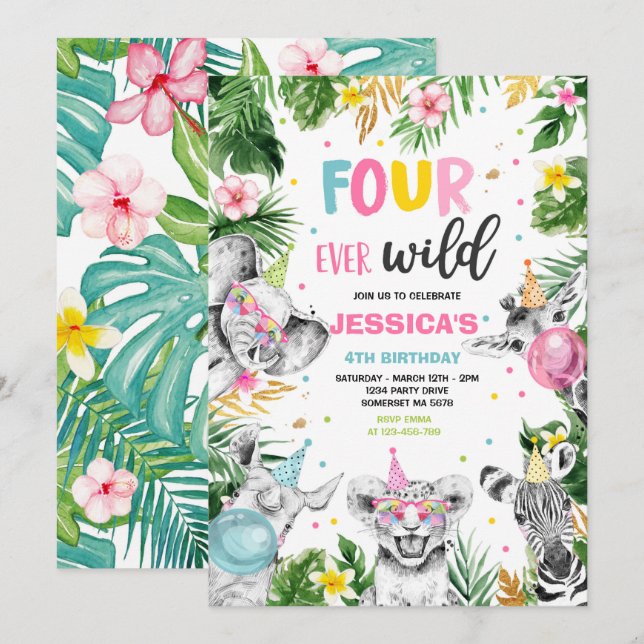 Four Ever Wild Safari Birthday Party Animals Invitation (Front/Back)